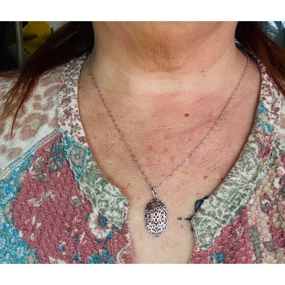 Estate Sterling Silver Filigree Pendant Necklace, 24” Oval Link Chain, Italy, 4. - Picture 5 of 13